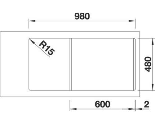Zeichnung einer Spüle mit den Massen 980, 480 und 600