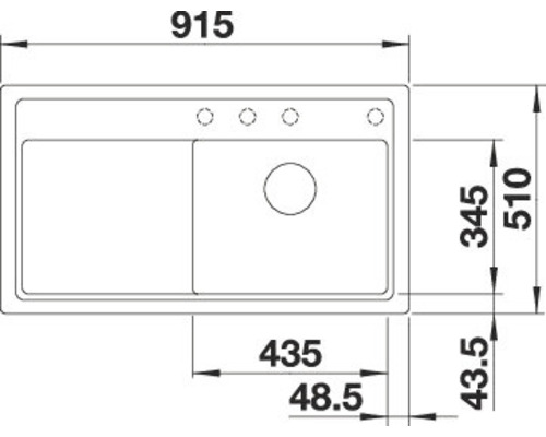 Technische Zeichnung einer Spüle mit Maßangaben