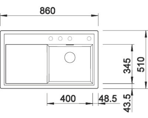 Skizze einer Spüle mit den Massen 860 x 510 mm