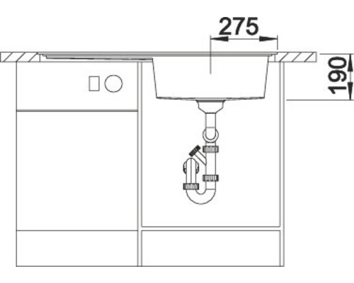 Technische Zeichnung eines Spülenschranks mit Massangaben