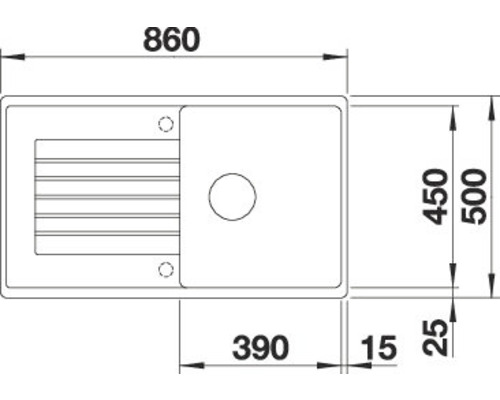 Zeichnung einer Spüle mit den Massen 860 x 500 Millimeter.