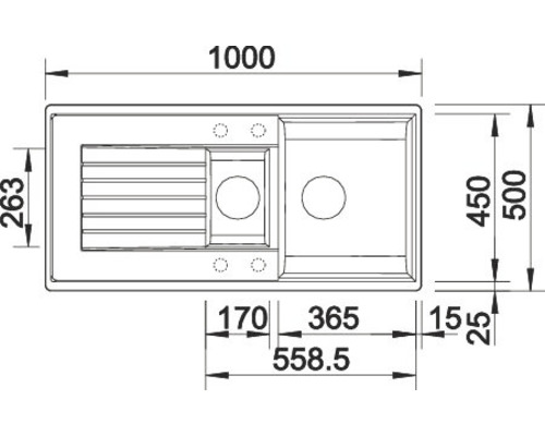Technische Zeichnung einer Küchenspüle mit Abmessungen
