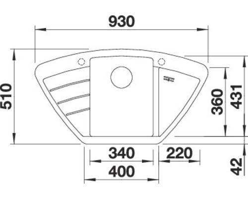 Technische Zeichnung eines Waschbeckens mit Massangaben