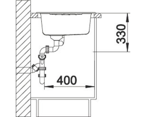 Technische Zeichnung eines Spülbeckens mit Maßen.
