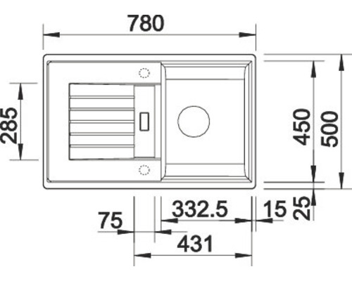 Dessin technique d''un évier de cuisine avec des indications de dimensions.