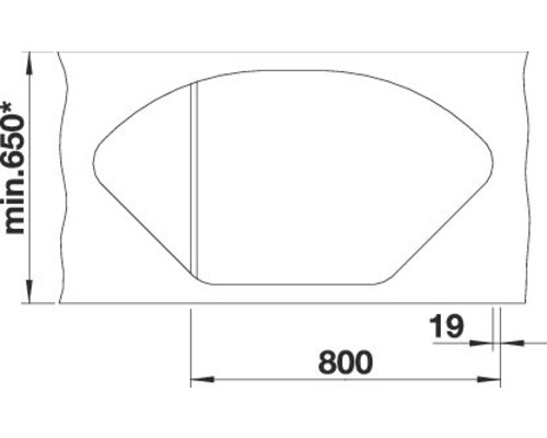 Technische Zeichnung mit Maßangaben für ein Bauelement: Mindesthöhe 650, Breite 800 und Tiefe 19.