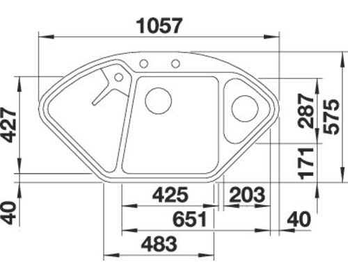 Technische Zeichnung einer Spüle mit Maßangaben