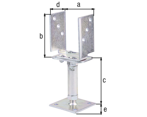 Support de poteau réglable avec les dimensions a, b, c, d et e