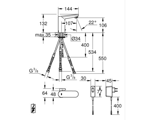 Technische Zeichnung einer Armatur mit Maßangaben.