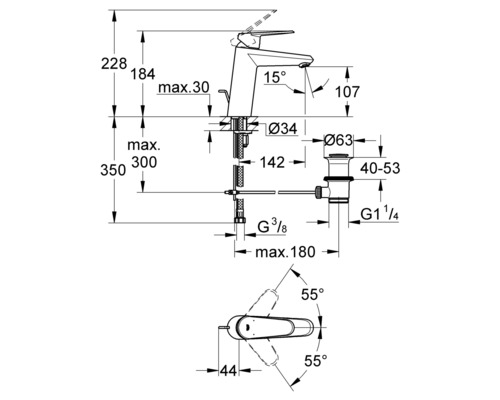 Dessin technique d''un robinet de lavabo avec indication des dimensions