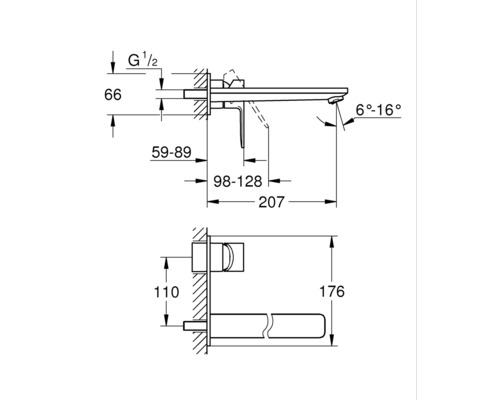 Dessin technique d''un robinet avec dimensions pour l''installation