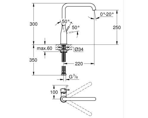 Schéma technique d''un robinet avec dimensions