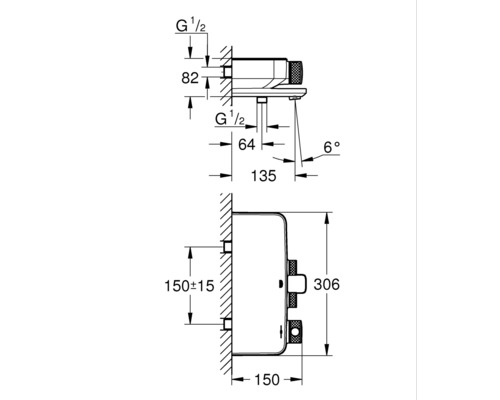 Schéma technique d''un robinet avec indications de dimensions