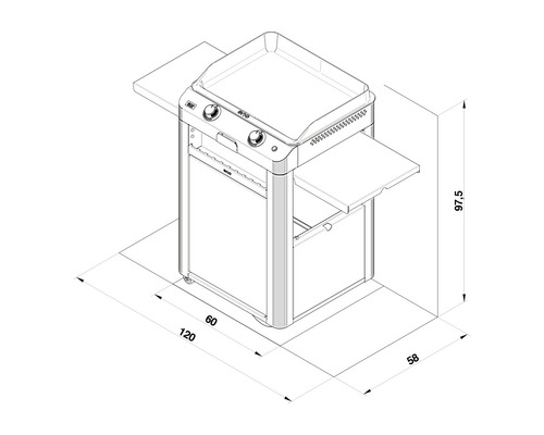 Dessin technique d''un gril à gaz avec dimensions