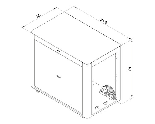 Technische Zeichnung eines Grillschranks mit den Maßen 55 x 91,5 x 81 cm.