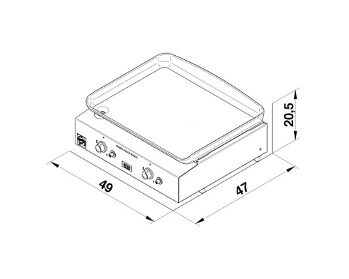 Schéma technique d''une plaque de cuisson à gaz avec les dimensions 49 x 47 x 20,5 cm.