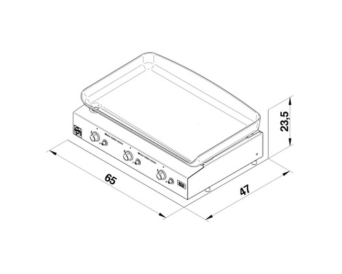 Technische Zeichnung einer Grillplatte mit den Maßen 65 x 47 x 23,5 cm