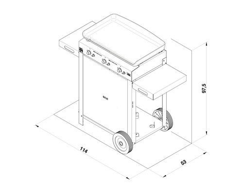 Schéma technique d''un barbecue avec les dimensions 114 x 53 x 97,5 cm.
