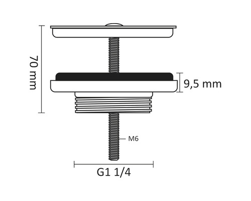Technische Zeichnung eines Ablaufventils mit den Massen 70 mm Gesamthöhe, 9,5 mm Dichtungshöhe, Gewinde M6 und G1 1/4