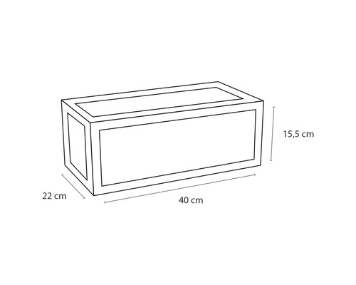 Abbildung eines Pflanzkastens mit den Maßen 40 cm Länge, 22 cm Breite und 15,5 cm Höhe