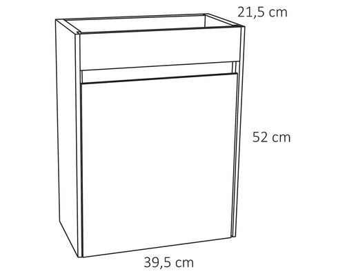Dessin d''un meuble de salle de bain avec des dimensions de 21,5 cm x 52 cm x 39,5 cm