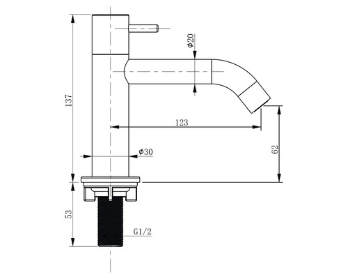 Schéma technique d''un robinet avec dimensions.