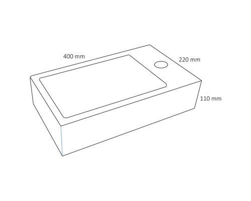 Schéma d''un lavabo mesurant 400 mm de long, 220 mm de large et 110 mm de haut.