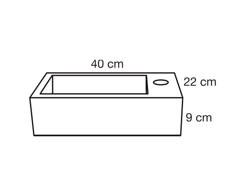 Schéma d''un lavabo rectangulaire mesurant 40 cm de large, 22 cm de haut et 9 cm de profondeur