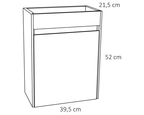 Dessin d''un meuble bas de salle de bains aux dimensions 21,5 cm x 39,5 cm x 52 cm.