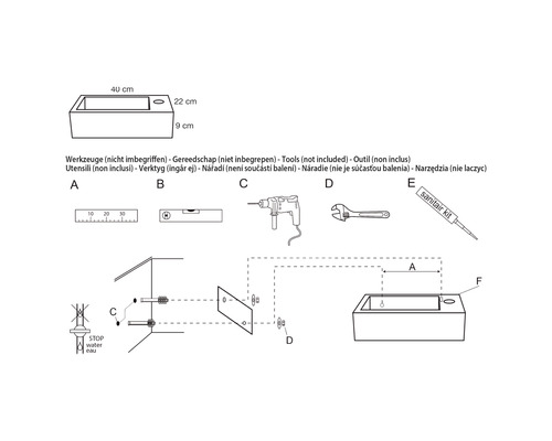 Instructions de montage pour lavabo avec dimensions et outils nécessaires