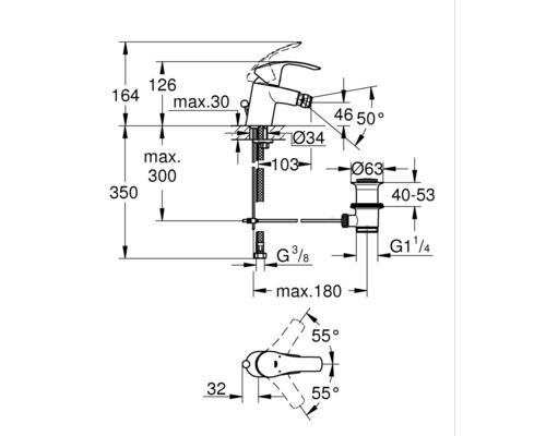 Technische Zeichnung einer Armatur mit Massangaben