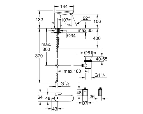 Schéma coté d''un robinet avec indications de hauteur, largeur et diamètre.