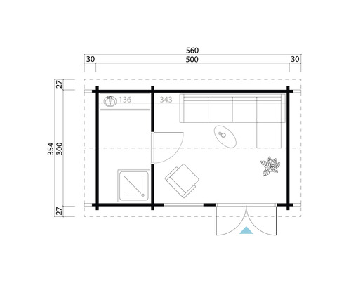 Plan d''un abri de jardin avec salon et salle de bains avec dimensions
