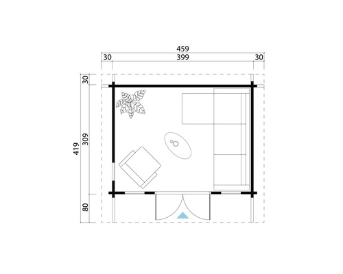 Plan d''un pavillon de jardin avec mobilier et plantation ainsi que les dimensions
