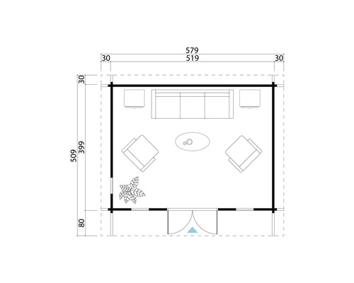 Plan d''un pavillon de jardin avec mobilier de salon et plantation