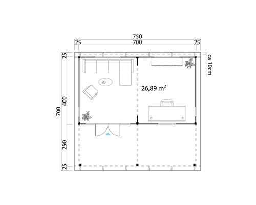 Plan d''un chalet de jardin avec espace de vie et de travail, superficie de 26,89 mètres carrés