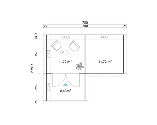 Grundrisszeichnung mit Massangaben in Millimetern und Flächenangaben in Quadratmetern