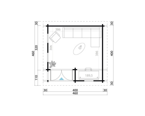 Plan d''un chalet de jardin avec mobilier et dimensions.