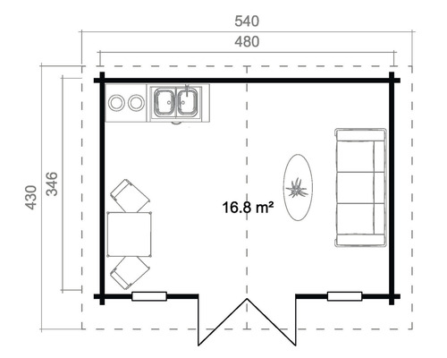 Plan d''un abri de jardin avec mobilier et kitchenette d''une superficie de 16,8 mètres carrés