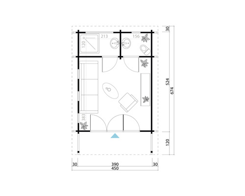 Plan d''un pavillon de jardin avec salle de bain, salon et mobilier