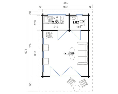 Plan d''un chalet de jardin avec salon, cuisine, sanitaires et terrasse