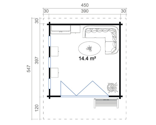 Grundriss eines Gartenhauses mit Möbeln und Terrasse und den Maßen 450 mal 547 Zentimeter
