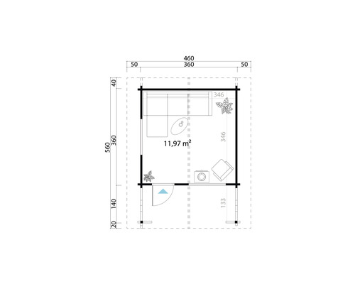 Plan d''un pavillon de jardin avec meubles et dimensions.