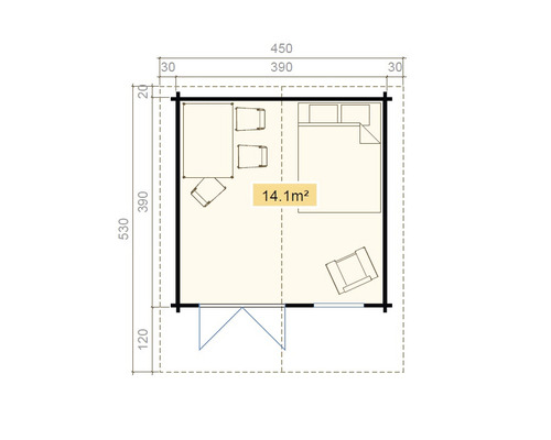 Plan d''un chalet de jardin avec mobilier et dimensions.
