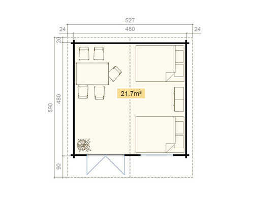 Plan d''un chalet de jardin avec mobilier et dimensions