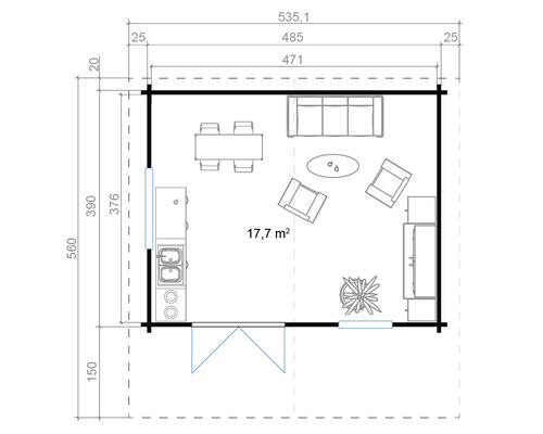 Plan d''un abri de jardin avec mobilier et dimensions.