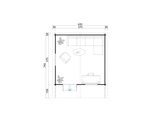 Plan d''un chalet de jardin avec meubles et plantations