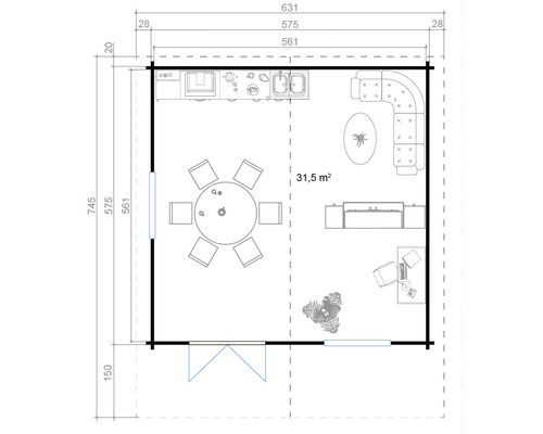 Plan d''un pavillon de jardin avec cuisine, coin repas et salon