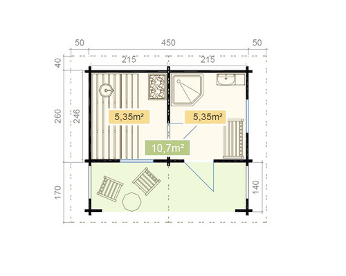 Plan d''un abri de jardin avec sauna, douche et terrasse avec dimensions