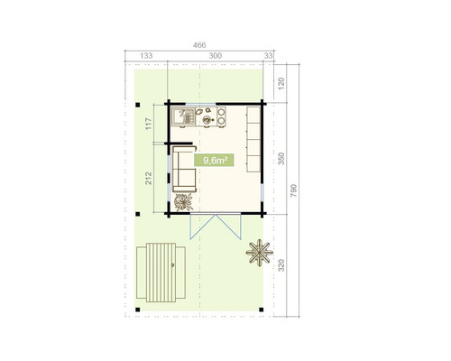 Plan d''un pavillon de jardin avec terrasse et meubles